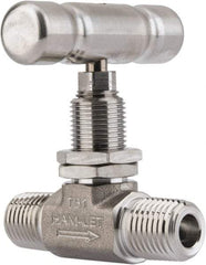 Ham-Let - 5,000 Max psi, 1/4" Pipe, 316 Grade Stainless Steel, Inline Stem Vee Instrumentation Needle Valve - MNPT x MNPT End Connections, Swaglok SS-1VM4-SH - Industrial Tool & Supply