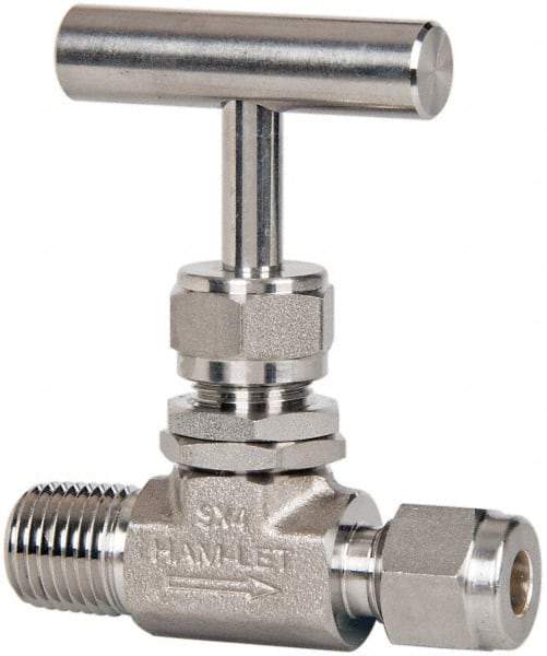 Ham-Let - 5,000 Max psi, 1/4" Pipe, 316 Grade Stainless Steel, Inline Stem Vee Instrumentation Needle Valve - MNPT x Compression End Connections, Swaglok SS-1VM4-S4 - Industrial Tool & Supply