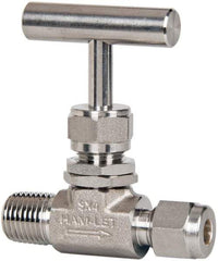 Ham-Let - 5,000 Max psi, 1/4" Pipe, 316 Grade Stainless Steel, Inline Stem Vee Instrumentation Needle Valve - MNPT x Compression End Connections, Swaglok SS-1VM4-S4 - Industrial Tool & Supply