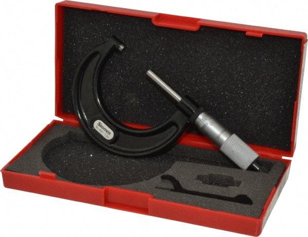 Starrett - 1 to 2" Range, 0.001" Graduation, Mechanical Outside Micrometer - Ratchet Stop Thimble, Accurate to 0.0001" - Industrial Tool & Supply