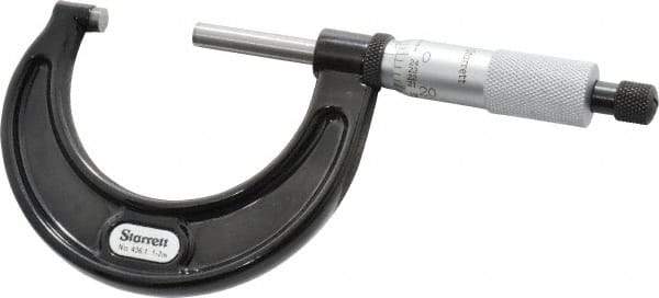 Starrett - 1 to 2" Range, 0.0001" Graduation, Mechanical Outside Micrometer - Ratchet Stop Thimble, Accurate to 0.00005" - Industrial Tool & Supply