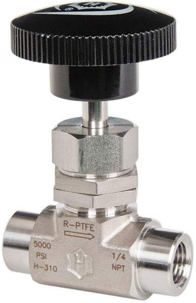 Ham-Let - 5,000 Max psi, 1/4" Pipe, 316 Grade Stainless Steel, Inline Stem Vee Instrumentation Needle Valve - FNPT x FNPT End Connections, Swaglok SS-1VF4 - Industrial Tool & Supply