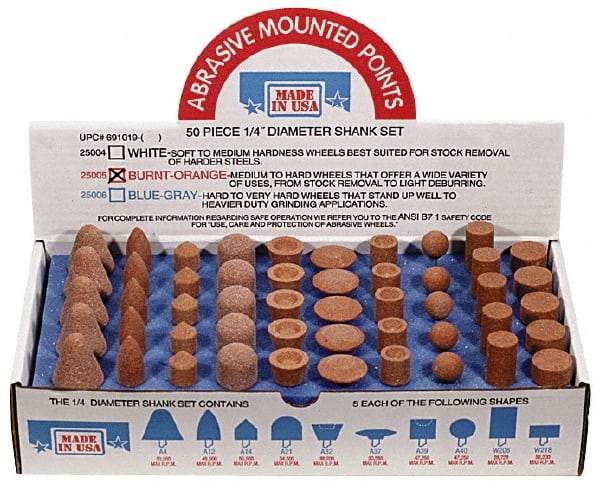 Made in USA - 50 Piece Aluminum Oxide Vitrified Mounted Stone Abrasive Point Set - Includes Shapes A4, A12, A14, A21, A32, A37, A39, A40, W206 & W218 - Industrial Tool & Supply