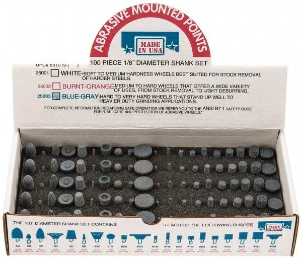 Made in USA - 100 Piece Aluminum Oxide Vitrified Mounted Stone Abrasive Point Set - Includes Shapes B42, B45, B52, B81, B91, B97, B102, B122, B136, W144, W146, W152, W160, W163, W167, W175, W176, W185, W200 & W215 - Industrial Tool & Supply