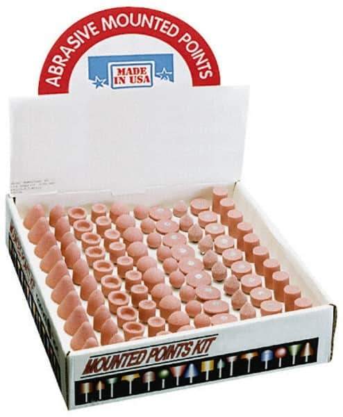 Made in USA - 100 Piece Aluminum Oxide Vitrified Mounted Stone Abrasive Point Set - Includes Shapes A4, A12, A14, A21, A32, A37, A39, A40, W206 & W218 - Industrial Tool & Supply