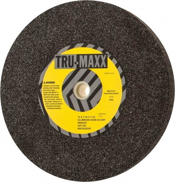 Tru-Maxx - 36 Grit Aluminum Oxide Bench & Pedestal Grinding Wheel - 12" Diam x 1-1/4" Hole x 1-1/2" Thick, 2705 Max RPM, P Hardness, Very Coarse Grade , Vitrified Bond - Industrial Tool & Supply