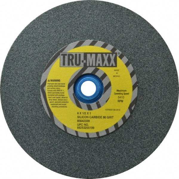Tru-Maxx - 80 Grit Silicon Carbide Bench & Pedestal Grinding Wheel - 6" Diam x 1" Hole x 1/2" Thick, 5410 Max RPM, K Hardness, Medium Grade , Vitrified Bond - Industrial Tool & Supply