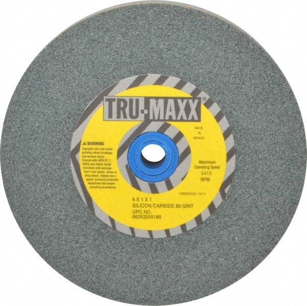 Tru-Maxx - 80 Grit Silicon Carbide Bench & Pedestal Grinding Wheel - 6" Diam x 1" Hole x 1" Thick, 5410 Max RPM, K Hardness, Medium Grade , Vitrified Bond - Industrial Tool & Supply