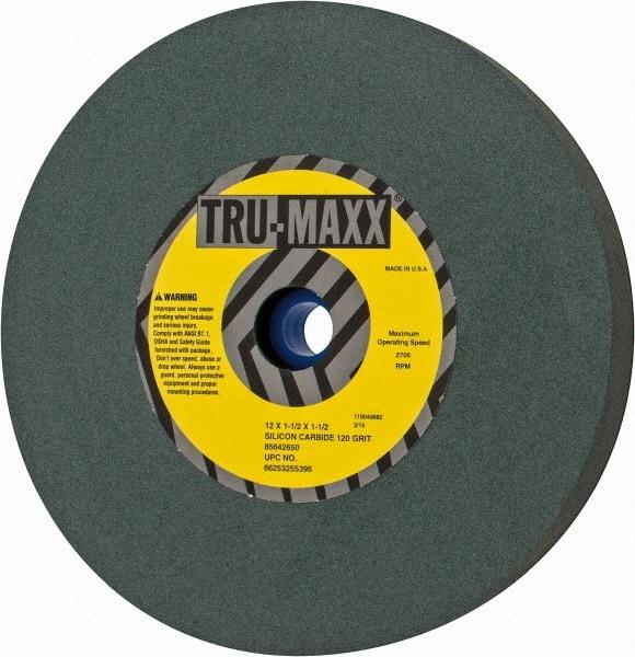 Tru-Maxx - 120 Grit Silicon Carbide Bench & Pedestal Grinding Wheel - 12" Diam x 1-1/2" Hole x 1-1/2" Thick, 2705 Max RPM, K Hardness, Fine Grade , Vitrified Bond - Industrial Tool & Supply
