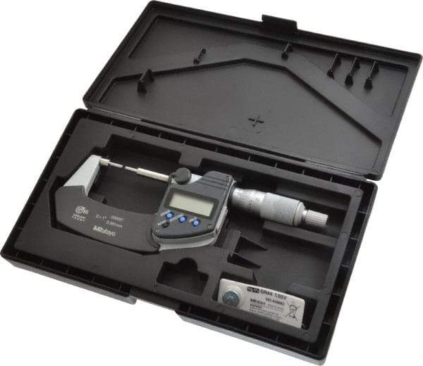 Mitutoyo - 1 Inch, 1.2598 Inch Throat Depth, Electronic Spline Micrometer - Accurate Up to 0.0001 Inch, 1/4 Inch Spindle Diameter, 0.18mm Head Diameter, Ratchet Stop Thimble, Data Output - Industrial Tool & Supply