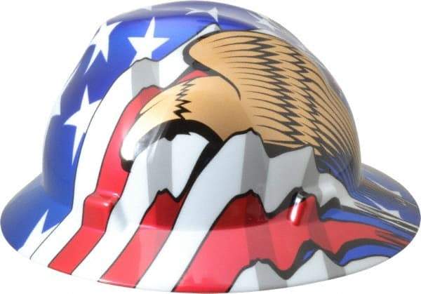 MSA - ANSI Type I, Class E Rated, 8-Point, Ratchet Adjustment Hard Hat - Size 6-1/2 to 8, Colored Graphics, Full Brim, American Flag with Eagles - Industrial Tool & Supply