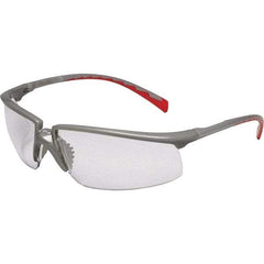 3M - Clear Lenses, Framed Safety Glasses - Anti-Fog, Scratch Resistant, Silver/Red Plastic Frame, Size Universal, Wrap Around - Industrial Tool & Supply