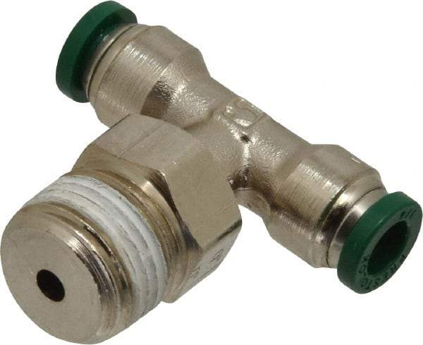 Parker - 1/4" Outside Diam, 3/8 NPTF, Nickel Plated Brass Push-to-Connect Tube Male Swivel Branch Tee - 300 Max psi, Tube to Male NPT Connection, Buna-N O-Ring - Industrial Tool & Supply