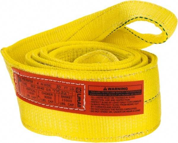 Lift-All - 10' Long x 4" Wide, 11,500 Lb Vertical Capacity, 2 Ply, Polyester Web Sling - 9,200 Lb Choker Capacity, Yellow - Industrial Tool & Supply