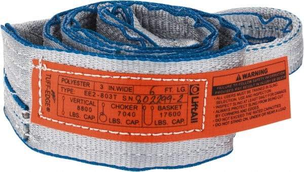 Lift-All - 6' Long x 3" Wide, 8,600 Lb Vertical Capacity, 2 Ply, Polyester Web Sling - 6,900 Lb Choker Capacity, Silver (Color) - Industrial Tool & Supply