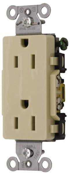 Hubbell Wiring Device-Kellems - 125 VAC, 15 Amp, 5-15R NEMA Configuration, Ivory, Specification Grade, Self Grounding Duplex Receptacle - 1 Phase, 2 Poles, 3 Wire, Flush Mount - Industrial Tool & Supply