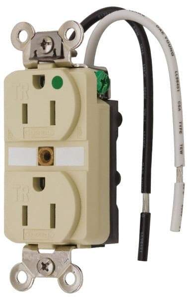 Hubbell Wiring Device-Kellems - 125 VAC, 15 Amp, 5-15R NEMA Configuration, Ivory, Hospital Grade, Self Grounding Duplex Receptacle - 1 Phase, 2 Poles, 3 Wire, Flush Mount, Chemical, Corrosion and Impact Resistant, Tamper Resistant - Industrial Tool & Supply
