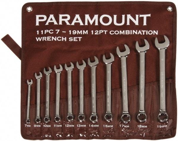 Paramount - 11 Piece, 7mm to 19mm, 12 Point Combination Wrench Set - Metric Measurement Standard, Full Polish Chrome Finish, Comes in Canvas Roll - Industrial Tool & Supply