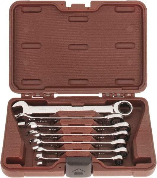 Paramount - 7 Piece, 10mm to 18mm, Ratcheting Combination Wrench Set - Metric Measurement Standard, Full Polish Chrome Finish, Comes in Blow Molded Case - Industrial Tool & Supply