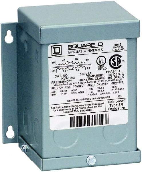 Square D - 1 Phase, 240 x 480 Volt Input, 120/240 Volt Output, 0.05 kVA, General Purpose Transformer - 3R NEMA Rating, 131°F Temp Rise, Indoor, Outdoor - Industrial Tool & Supply