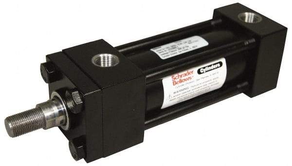 Schrader Bellows - 2-1/2" Bore, 1" Rod Diam, Double Acting NFPA Tie Rod Cylinder - 4" Stroke Length, 3/4-16 Rod Thread, 11-1/4" OAL, Prepared for Bolt on Mount - Industrial Tool & Supply