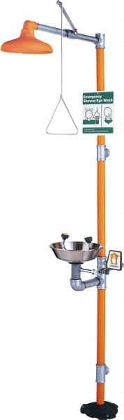 PRO-SAFE - 1-1/4" Inlet, 20 GPM shower Flow, Drench shower & Eyewash Station - Bowl, Triangular Pull Rod & Push Flag Activated, Galvanized Steel Pipe, Plastic Shower Head, 0.4 GPM Bowl Flow, Corrosion Resistant, Top or Mid Supply - Industrial Tool & Supply