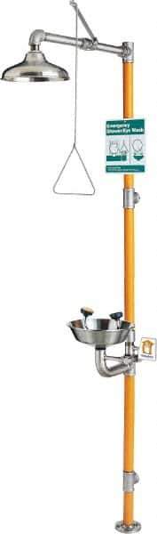 PRO-SAFE - 1-1/4" Inlet, 20 GPM shower Flow, Drench shower, Eye & Face Wash Station - Bowl, Triangular Pull Rod & Push Flag Activated, Stainless Steel Pipe, Stainless Steel Shower Head, 3 GPM Bowl Flow, Corrosion Resistant, Top or Mid Supply - Industrial Tool & Supply