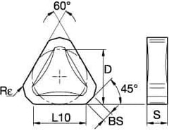 Kennametal - TNHF1204 Grade KCK15 Carbide Milling Insert - TiN/TiCN/Al2O3 Finish, 3/16" Thick, 1/2" Inscribed Circle, 2mm Corner Radius - Industrial Tool & Supply