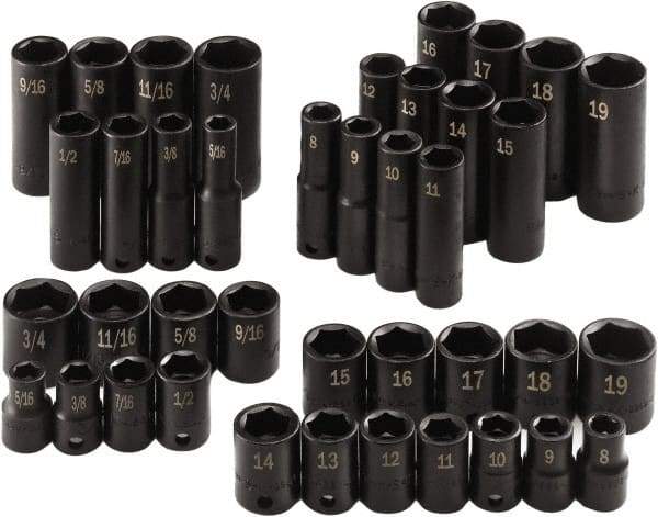 SK - 40 Piece 3/8" Drive Standard Socket Set - 6 Points, 5/16 to 3/4", 8 to 19mm, Inch/Metric Measurement Standard - Industrial Tool & Supply