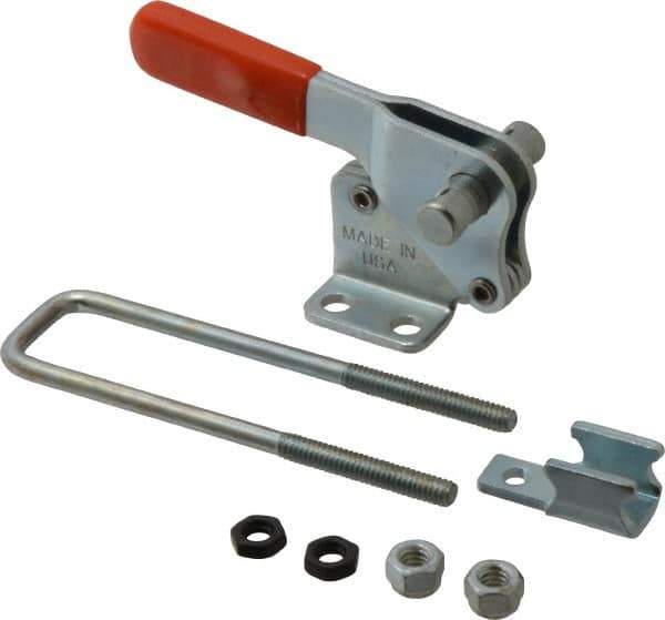 Lapeer - 1,000 Lb Capacity, Vertical, U Hook, Flanged Base, Carbon Steel Pull Action Latch Clamp - 2" Drawing Movement, 4" OAL, Straight Handle - Industrial Tool & Supply