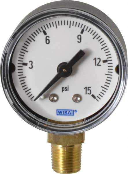 Wika - 1-1/2" Dial, 1/8 Thread, 0-15 Scale Range, Pressure Gauge - Lower Connection Mount, Accurate to 3-2-3% of Scale - Industrial Tool & Supply