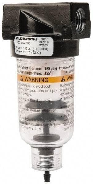 Wilkerson - 1/4" Port, 4.26" High x 1.69" Wide, Miniature FRL Filter with Polycarbonate Bowl & Piston Drain - 24 SCFM, 150 Max psi, 125°F Max - Industrial Tool & Supply