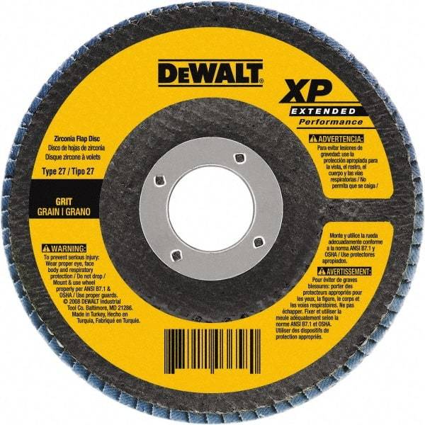 DeWALT - 120 Grit, 4-1/2" Disc Diam, 5/8-11 Center Hole, Type 29 Zirconia Alumina Flap Disc - 13,300 Max RPM, Poly Cotton Backing, Arbor Attaching System, Coated - Industrial Tool & Supply