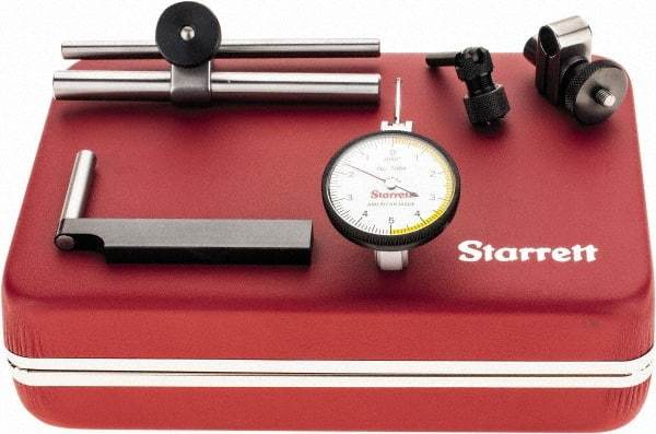 Starrett - 7 Piece, 0" to 0.01" Measuring Range, 1-3/8" Dial Diam, 0-5-0 Dial Reading, White Dial Test Indicator Kit - 13/16" Contact Point Length, 2mm Ball Diam, 0.0001" Dial Graduation - Industrial Tool & Supply