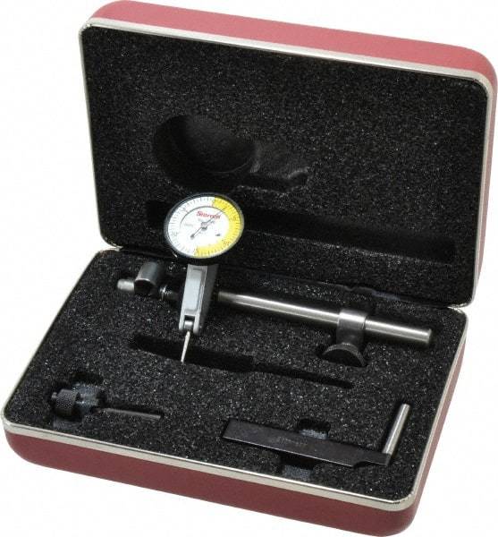 Starrett - 7 Piece, 0" to 0.06" Measuring Range, 1-3/8" Dial Diam, 0-15-0 Dial Reading, White Dial Test Indicator Kit - 13/16" Contact Point Length, 2mm Ball Diam, 0.0005" Dial Graduation - Industrial Tool & Supply