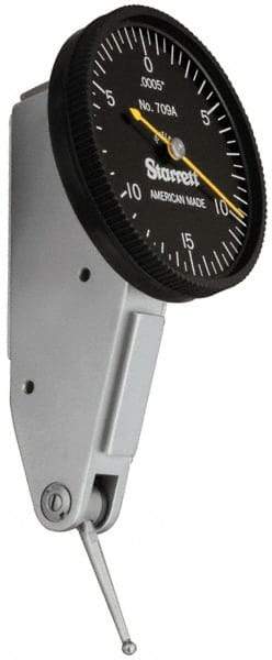 Starrett - 0.03 Inch Range, 0.0005 Inch Dial Graduation, Horizontal Dial Test Indicator - 1-3/8 Inch Black Dial, 0-15-0 Dial Reading - Industrial Tool & Supply