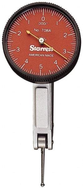 Starrett - 0.03 Inch Range, 0.0005 Inch Dial Graduation, Horizontal Dial Test Indicator - 1-3/8 Inch Red Dial, 0-15-0 Dial Reading - Industrial Tool & Supply