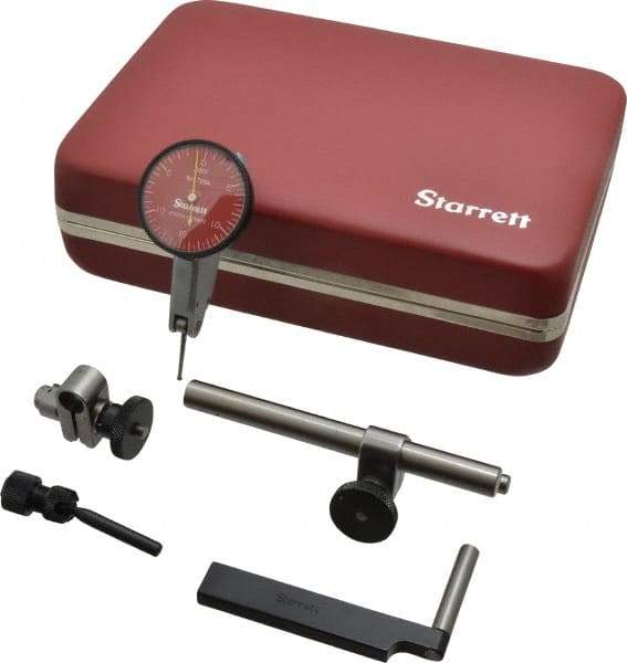 Starrett - 7 Piece, 0" to 0.03" Measuring Range, 1-3/8" Dial Diam, 0-15-0 Dial Reading, Red Dial Test Indicator Kit - 13/16" Contact Point Length, 2mm Ball Diam, 0.0005" Dial Graduation - Industrial Tool & Supply