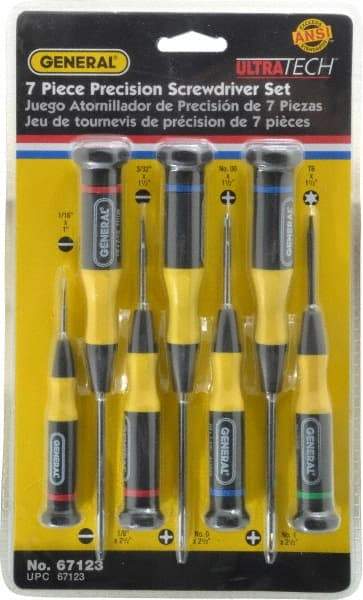 General - 7 Piece Phillips, Slotted & Torx Screwdriver Set - Bit Sizes: Philips #00 to #1, Torx T6 - Industrial Tool & Supply