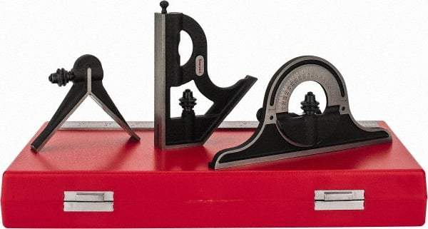 Starrett - 4 Piece, 12" Combination Square Set - 1/16, 1/32, 1/64 & 1/8" (4R) Graduation, Steel Blade, Cast Iron Center, Protractor & Square Head - Industrial Tool & Supply