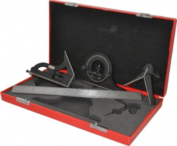 Starrett - 4 Piece, 12" Combination Square Set - 1/100, 1/32, 1/50 & 1/64" (16R) Graduation, Steel Blade, Cast Iron Center, Protractor & Square Head - Industrial Tool & Supply