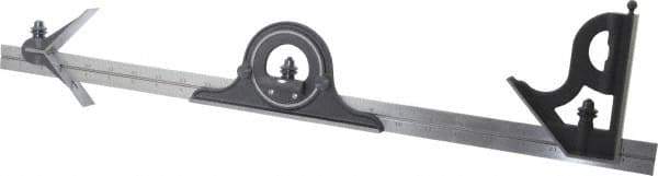 Starrett - 4 Piece, 24" Combination Square Set - 1/16, 1/32, 1/64 & 1/8" (4R) Graduation, Steel Blade, Cast Iron Center, Protractor & Square Head - Industrial Tool & Supply