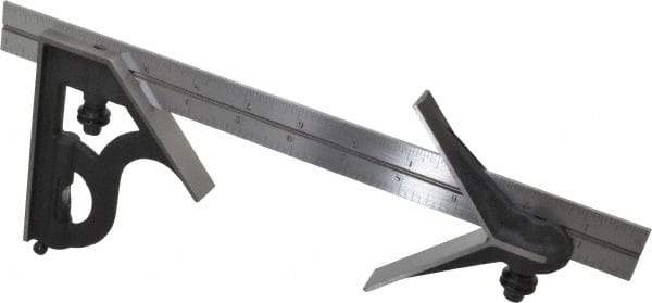 Starrett - 3 Piece, 12" Combination Square Set - 1/16, 1/32, 1/64 & 1/8" (4R) Graduation, Steel Blade, Cast Iron Center & Square Head - Industrial Tool & Supply