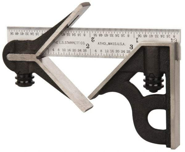 Starrett - 3 Piece, 4" Combination Square Set - 1/16, 1/32, 1/64 & 1/8" (4R) Graduation, Steel Blade, Cast Iron Center & Square Head - Industrial Tool & Supply