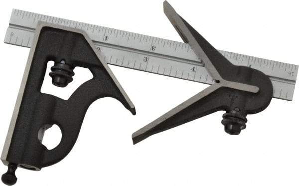 Starrett - 3 Piece, 6" Combination Square Set - 1/16, 1/32, 1/64 & 1/8" (4R) Graduation, Steel Blade, Cast Iron Center & Square Head - Industrial Tool & Supply