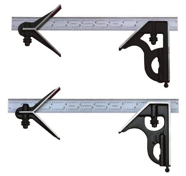Starrett - 3 Piece, 18" Combination Square Set - 1/100, 1/32, 1/50 & 1/64" (16R) Graduation, Steel Blade, Cast Iron Center & Square Head - Industrial Tool & Supply