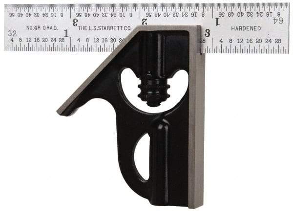 Starrett - 2 Piece, 4" Combination Square Set - 1/16, 1/32, 1/64 & 1/8" (4R) Graduation, Steel Blade, Forged Steel Square Head - Industrial Tool & Supply