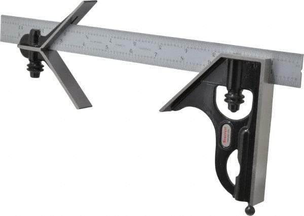 Starrett - 3 Piece, 12" Combination Square Set - 1/16, 1/32, 1/64 & 1/8" (4R) Graduation, Steel Blade, Forged Steel Center & Square Head - Industrial Tool & Supply
