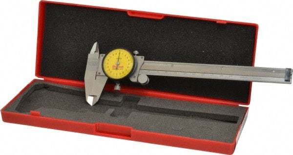 Starrett - 0mm to 150mm Range, 0.02 mm Graduation, 2mm per Revolution, Dial Caliper - Yellow Face, 1-1/2" Jaw Length, Accurate to 0.03mm - Industrial Tool & Supply