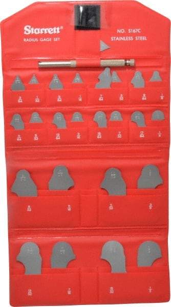 Starrett - 25 Piece, 1/64 to 1/2 Inch Radius, Stainless Steel Radius Gage Set - Satin Chrome Coated - Industrial Tool & Supply